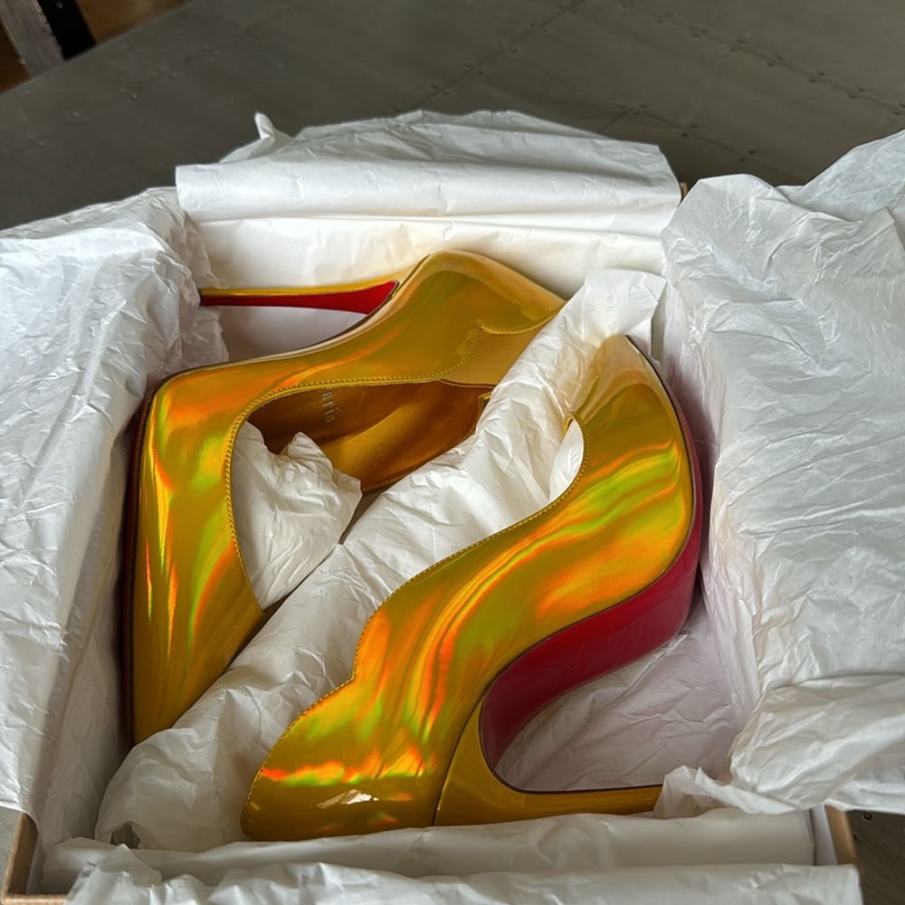 Christian Louboutin hot chick 100mm patent yellow metallic psychic sz 37 gold - Picture 11 of 12